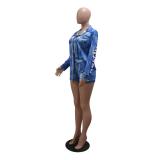 Blue Fashion Printed Two-piece Long-Sleeved Shirt Top With Shorts For Women