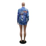 Blue Fashion Printed Two-piece Long-Sleeved Shirt Top With Shorts For Women