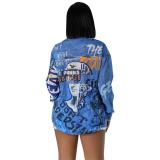 Blue Fashion Printed Two-piece Long-Sleeved Shirt Top With Shorts For Women