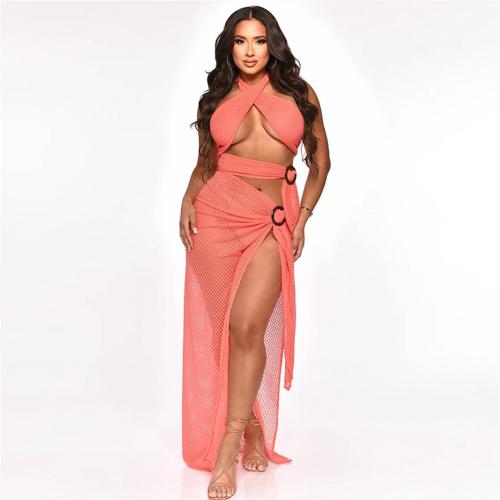 Pink Sleeveless Hollow Out Sexy Bandage Women Slit Party Long Dress