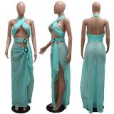 Green Sleeveless Hollow Out Sexy Bandage Women Slit Party Long Dress