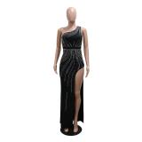 Black Elegant Women Sleeveless Diamonds Party Prom Gowns Maxi Dress