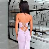 Pink Off Shoulder Pleated Back Lace Up Women Party Prom Maxi Dress
