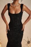 Black Low Cut Lace Pleated Luxury Evening Party Prom Maxi Dress