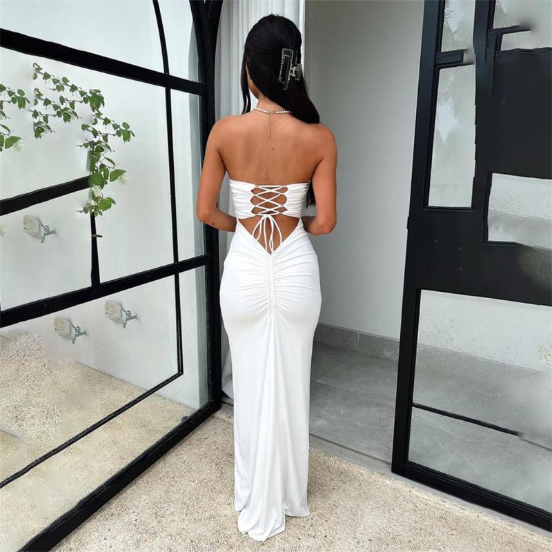 White Off Shoulder Pleated Back Lace Up Women Party Prom Maxi Dress