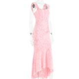 Pink Low Cut Lace Pleated Luxury Evening Party Prom Maxi Dress