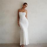 White Luxury Women Lace Pleated Evening Party Prom Long Dress
