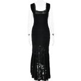 Black Low Cut Lace Pleated Luxury Evening Party Prom Maxi Dress