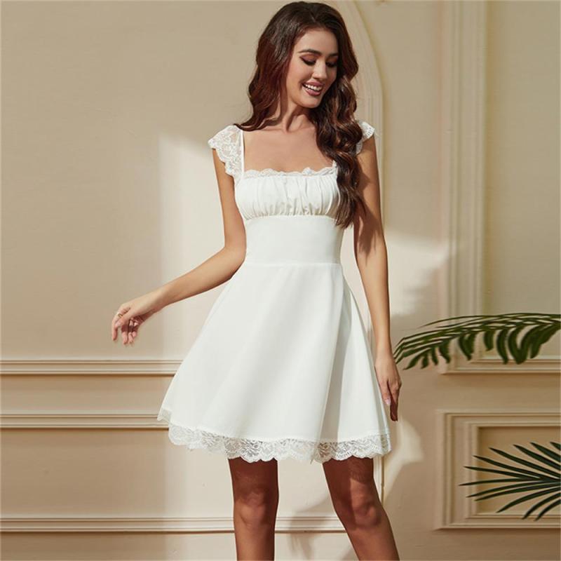 White Sleeveless Lace Halter Pleated Cute Girls Mini Dress