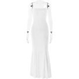 White Luxury Women Lace Pleated Evening Party Prom Long Dress