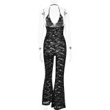 Black Women Lace Hollow Out Sexy See Through Pleated Summer Romper Jumpsuits