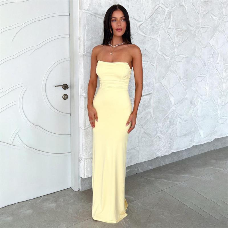 Yellow Off Shoulder Pleated Back Lace Up Women Party Prom Maxi Dress