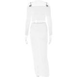 White Lace Off Shoulder Long Sleeve Crop Top Hollow Out Two Piece Skirt Sets