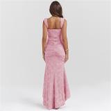 Pink Low Cut Lace Pleated Luxury Evening Party Prom Maxi Dress