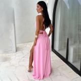 Pink Sleeveless Deep V Neck Pleated Women Party Elegant Maxi Dress