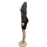 Black Long Sleeve Low Cut Sexy Rhinestone Bodycon Mini Dress