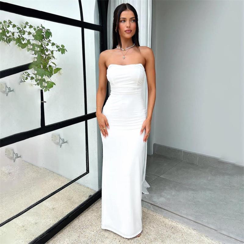 White Off Shoulder Pleated Back Lace Up Women Party Prom Maxi Dress