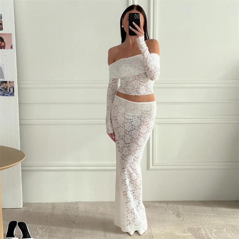 White Lace Off Shoulder Long Sleeve Crop Top Hollow Out Two Piece Skirt Sets