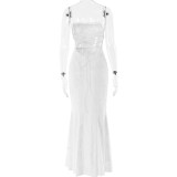 White Luxury Women Lace Pleated Evening Party Prom Long Dress