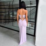 Pink Off Shoulder Pleated Back Lace Up Women Party Prom Maxi Dress