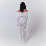 White Lace Off Shoulder Long Sleeve Crop Top Hollow Out Two Piece Skirt Sets
