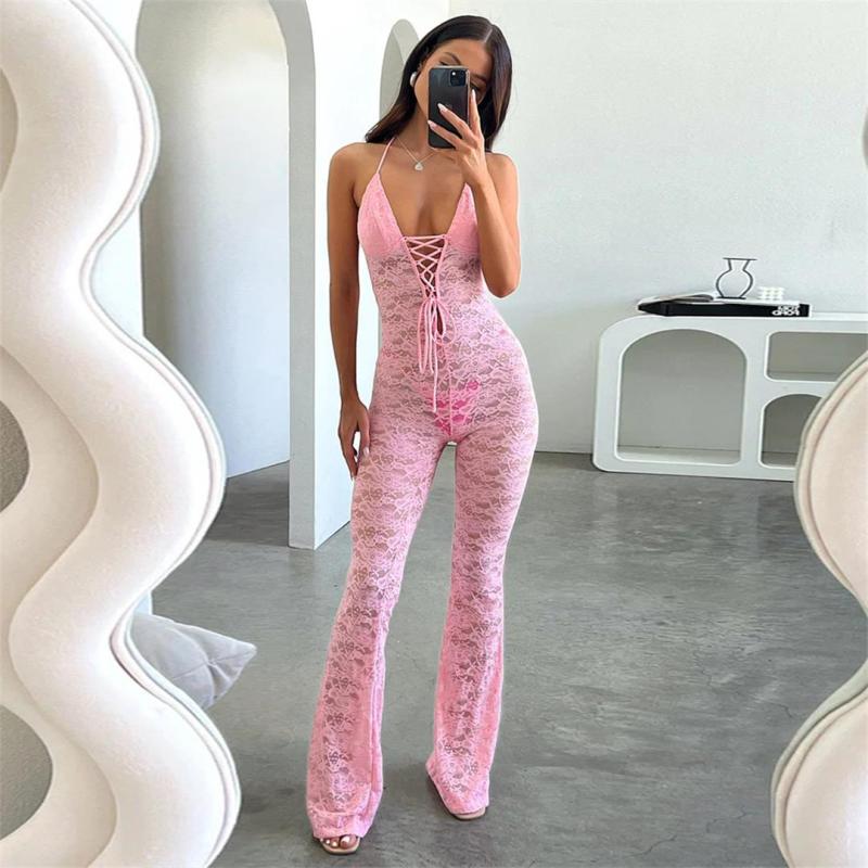 Pink Women Lace Hollow Out Sexy See Through Pleated Summer Romper Jumpsuits