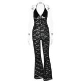 Black Women Lace Hollow Out Sexy See Through Pleated Summer Romper Jumpsuits