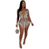 Beige Off Shoulder Mesh Rhinestone Bodycon Party Clubwear