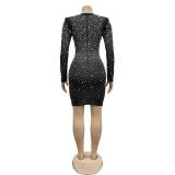 Black Long Sleeve Low Cut Sexy Rhinestone Bodycon Mini Dress