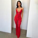 Red Women Lace Hollow Out Sexy See Through Pleated Summer Romper Jumpsuits