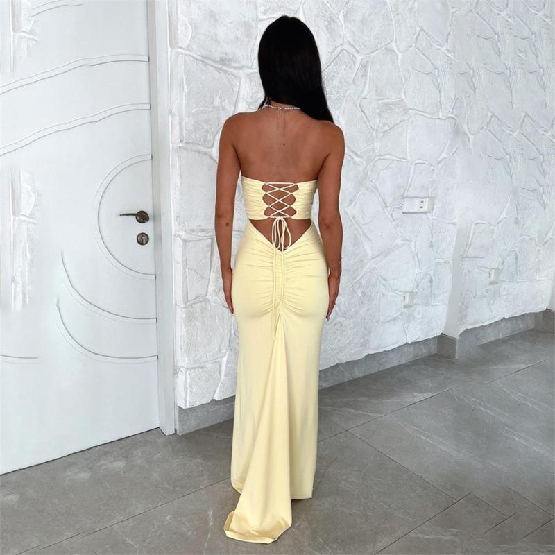 Yellow Off Shoulder Pleated Back Lace Up Women Party Prom Maxi Dress