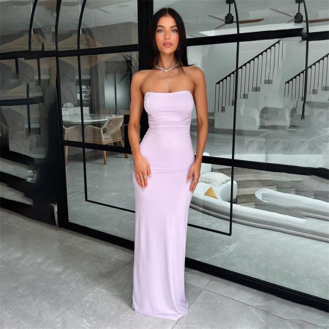 Pink Off Shoulder Pleated Back Lace Up Women Party Prom Maxi Dress