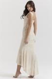 Beige Low Cut Lace Pleated Luxury Evening Party Prom Maxi Dress