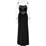 Black Off Shoulder Pleated Back Lace Up Women Party Prom Maxi Dress