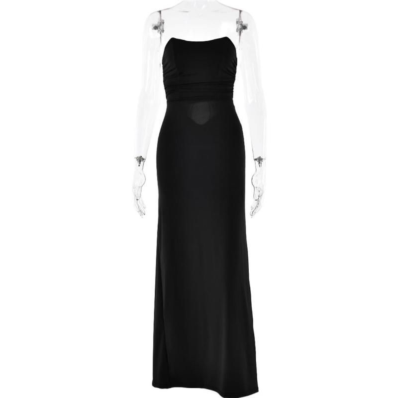Black Off Shoulder Pleated Back Lace Up Women Party Prom Maxi Dress
