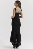 Black Low Cut Lace Pleated Luxury Evening Party Prom Maxi Dress
