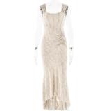 Beige Low Cut Lace Pleated Luxury Evening Party Prom Maxi Dress
