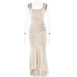 Beige Low Cut Lace Pleated Luxury Evening Party Prom Maxi Dress