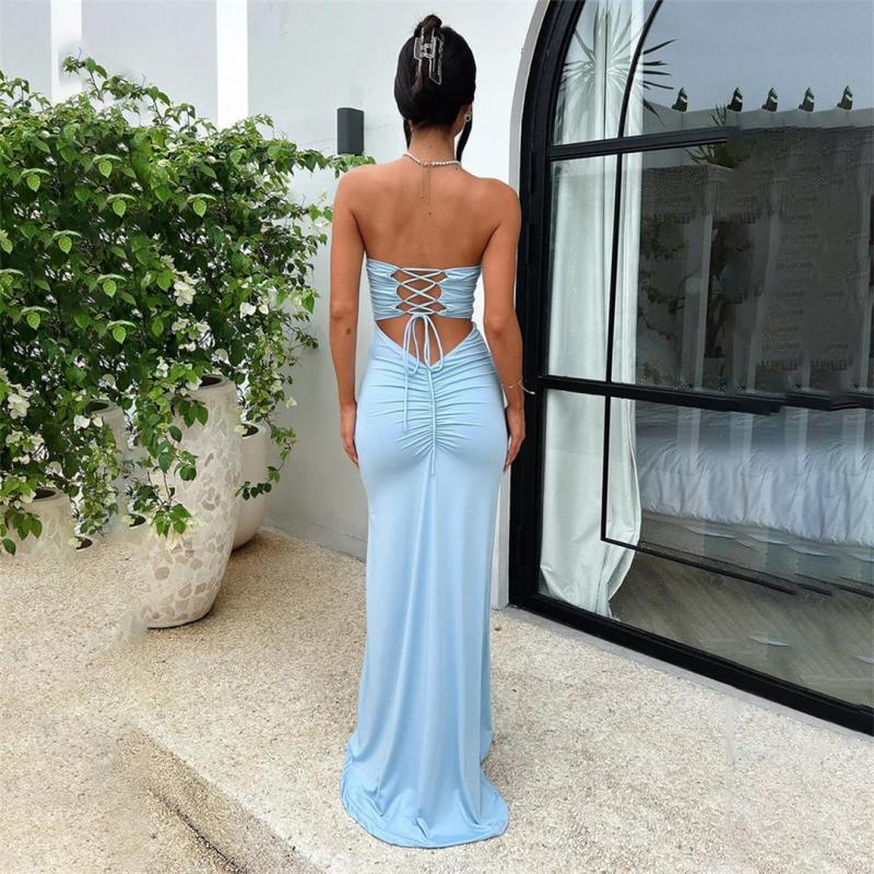 SkyBlue Off Shoulder Pleated Back Lace Up Women Party Prom Maxi Dress