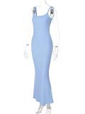 Blue Halter Low Cut Bodycon Women Fashion Solid Long Dress