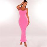 Pink Halter Low Cut Bodycon Women Fashion Solid Long Dress