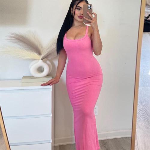 Pink Halter Low Cut Bodycon Women Fashion Solid Long Dress