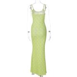 Yellow Sleeveless Halter Low Cut Printed Pleated Women Floral Long Dress