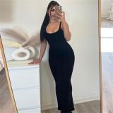 Black Halter Low Cut Bodycon Women Fashion Solid Long Dress