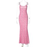 Pink Sleeveless Halter Low Cut Printed Pleated Women Floral Long Dress