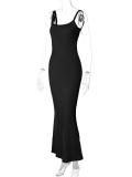 Black Halter Low Cut Bodycon Women Fashion Solid Long Dress