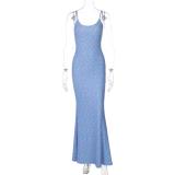 Blue Sleeveless Halter Low Cut Printed Pleated Women Floral Long Dress