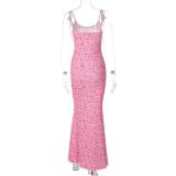 Pink Sleeveless Halter Low Cut Printed Pleated Women Floral Long Dress