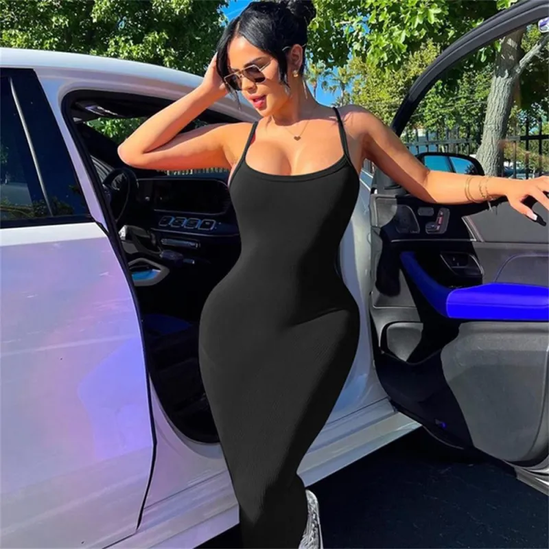 Black Halter Low Cut Bodycon Women Fashion Solid Long Dress