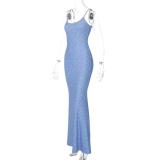 Blue Sleeveless Halter Low Cut Printed Pleated Women Floral Long Dress